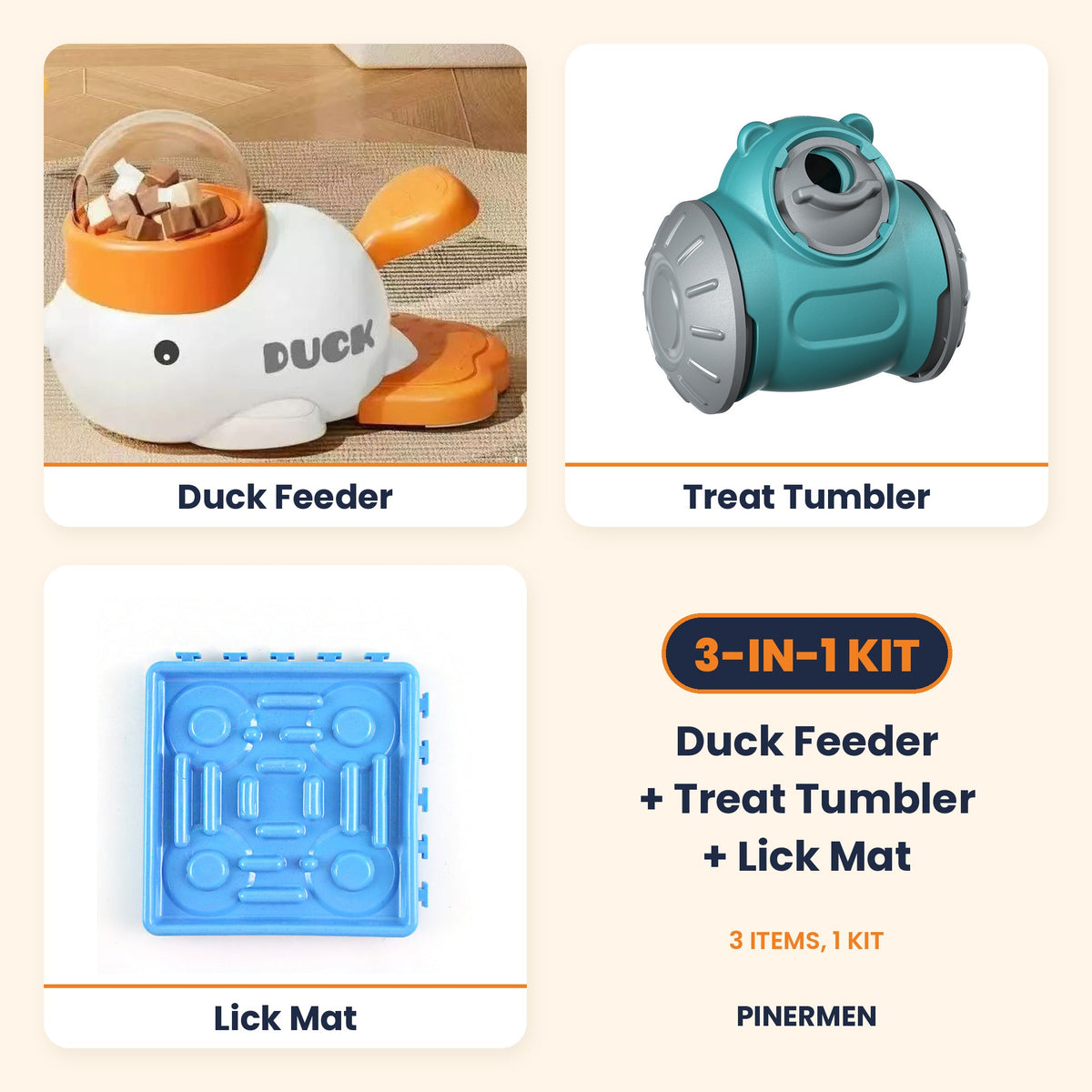 Pinermen 3-piece dog enrichment starter kit: duck puzzle feeder, treat tumbler and lick mat